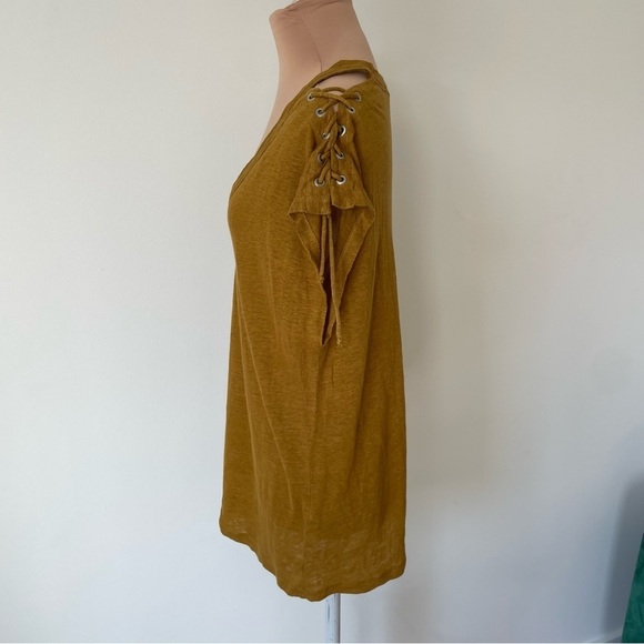 IRO Tobacco Brown Yellow Linen Grommet Lace Up Shoulder Ibex Top EUC Size Small - Picture 4 of 10